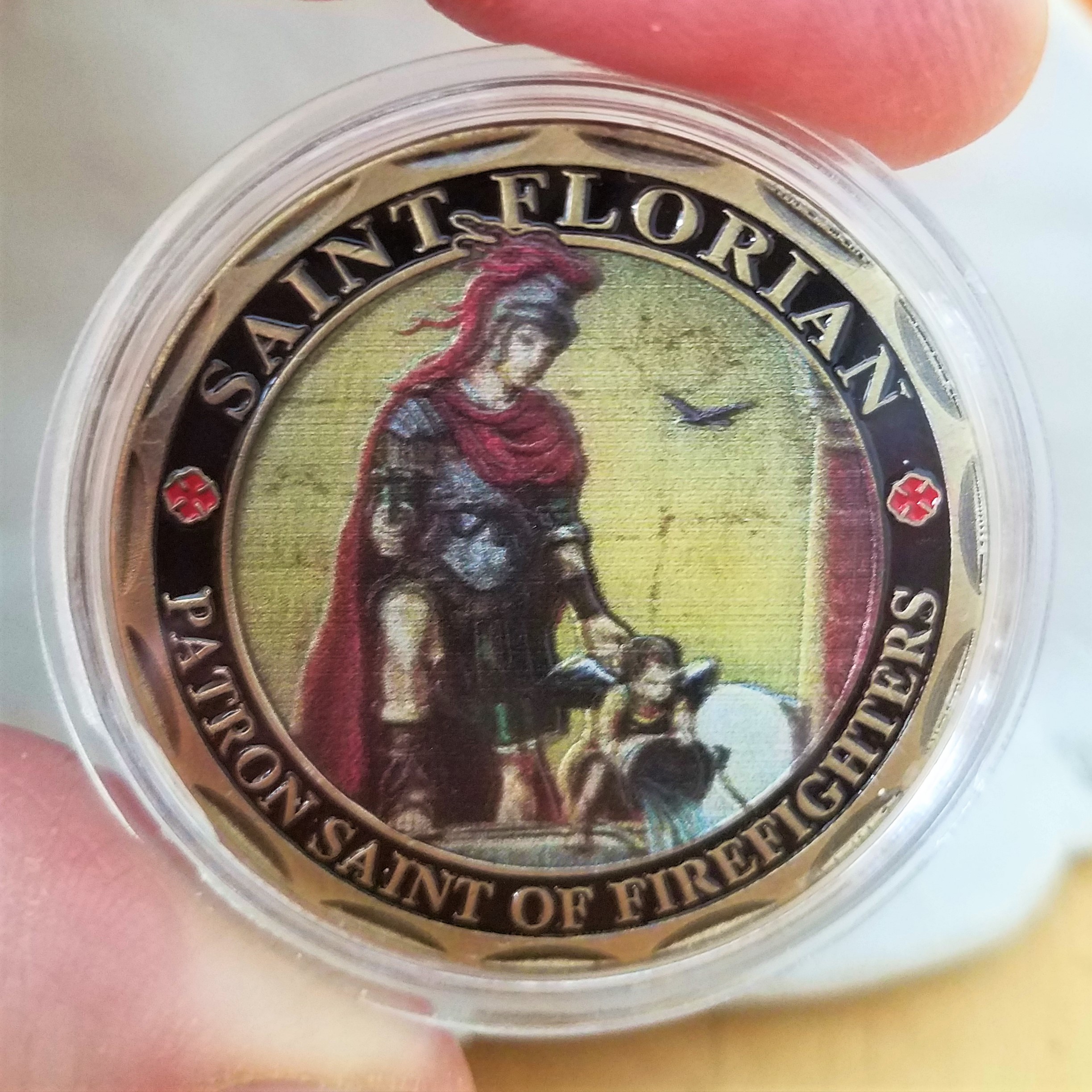 Saint Florian Firefighters Prayer and Challenge Coin with Fresco Style Image of the Patron Saint on Front and US Themed Firefighter's Cross on the Back - Image 4