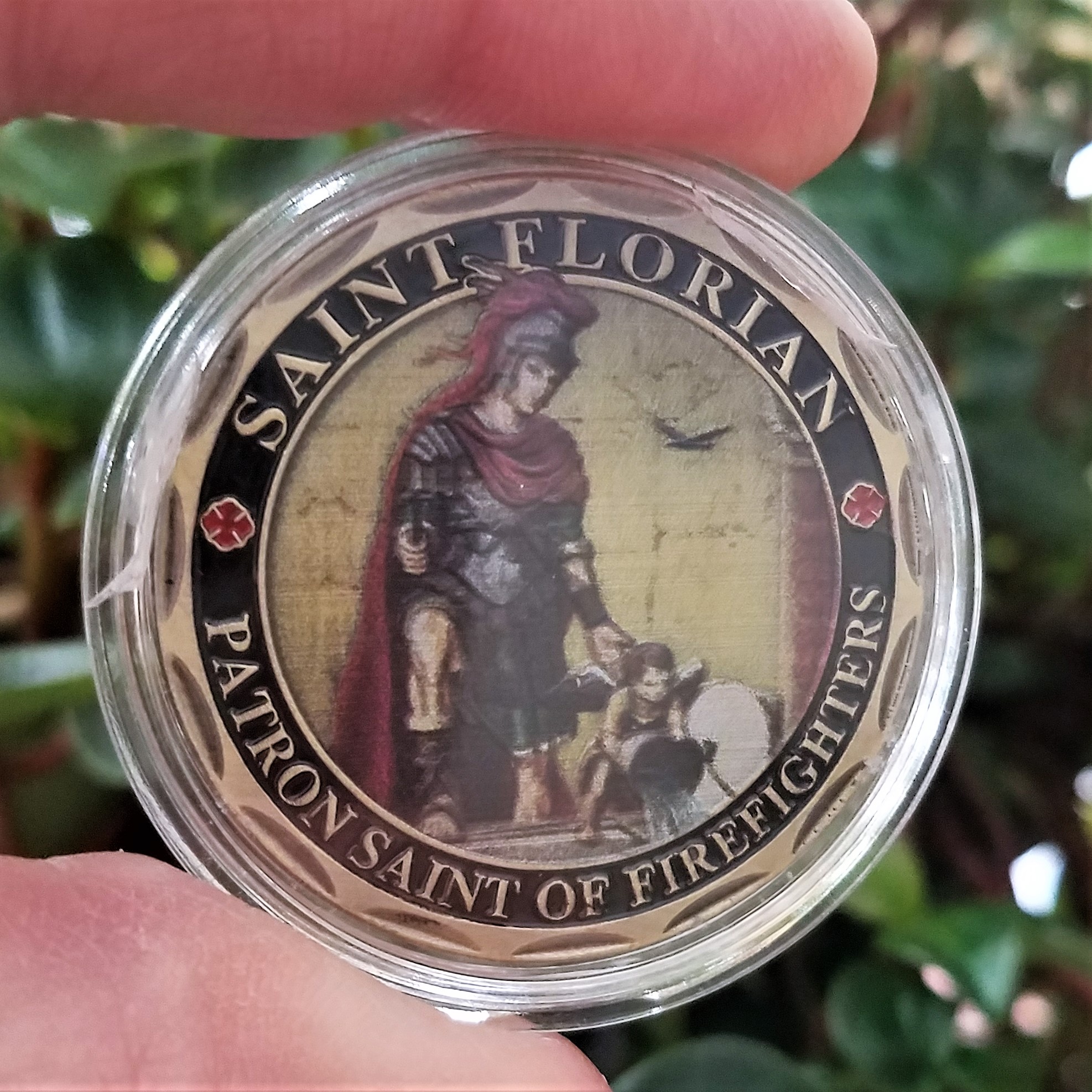 Saint Florian Firefighters Prayer and Challenge Coin with Fresco Style Image of the Patron Saint on Front and US Themed Firefighter's Cross on the Back