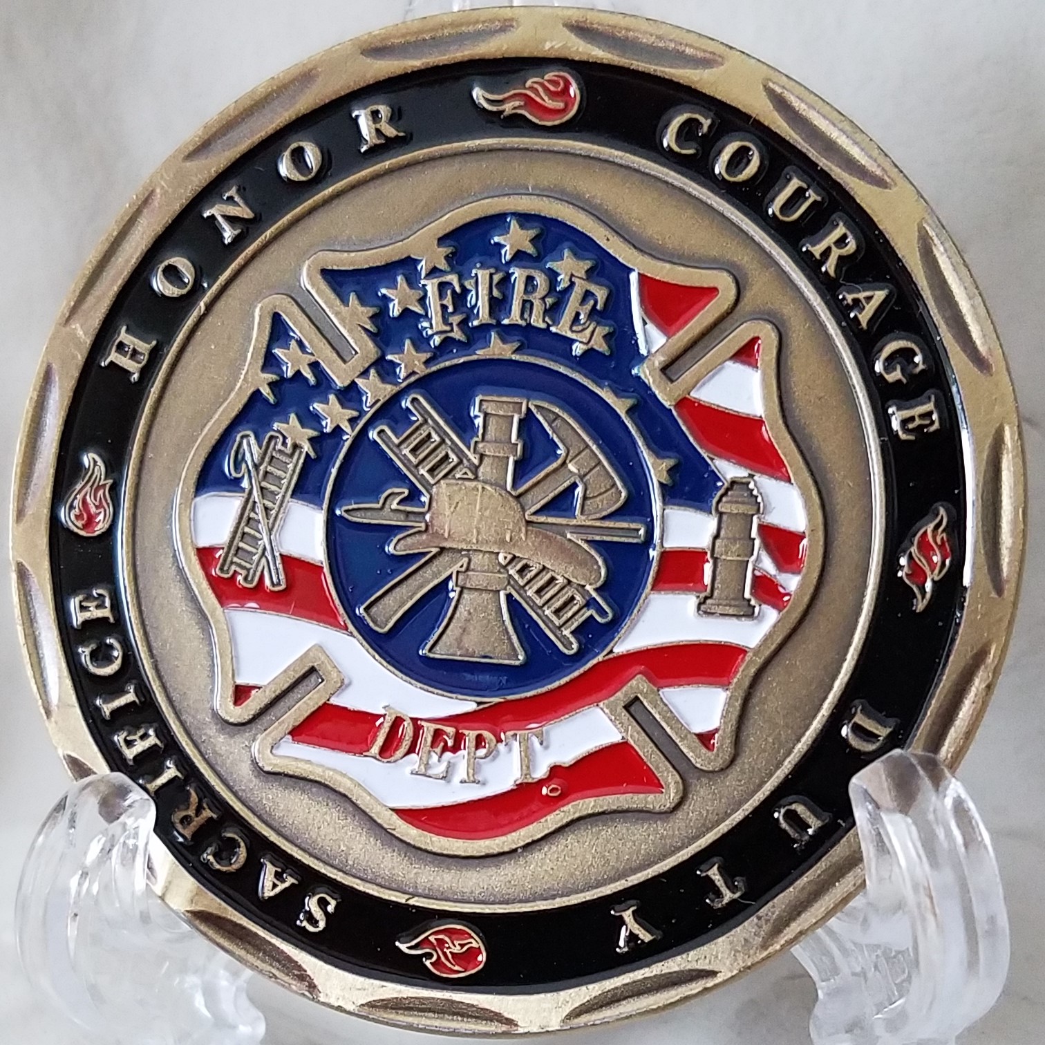 Saint Florian Firefighters Prayer and Challenge Coin with Fresco Style Image of the Patron Saint on Front and US Themed Firefighter's Cross on the Back - Image 10