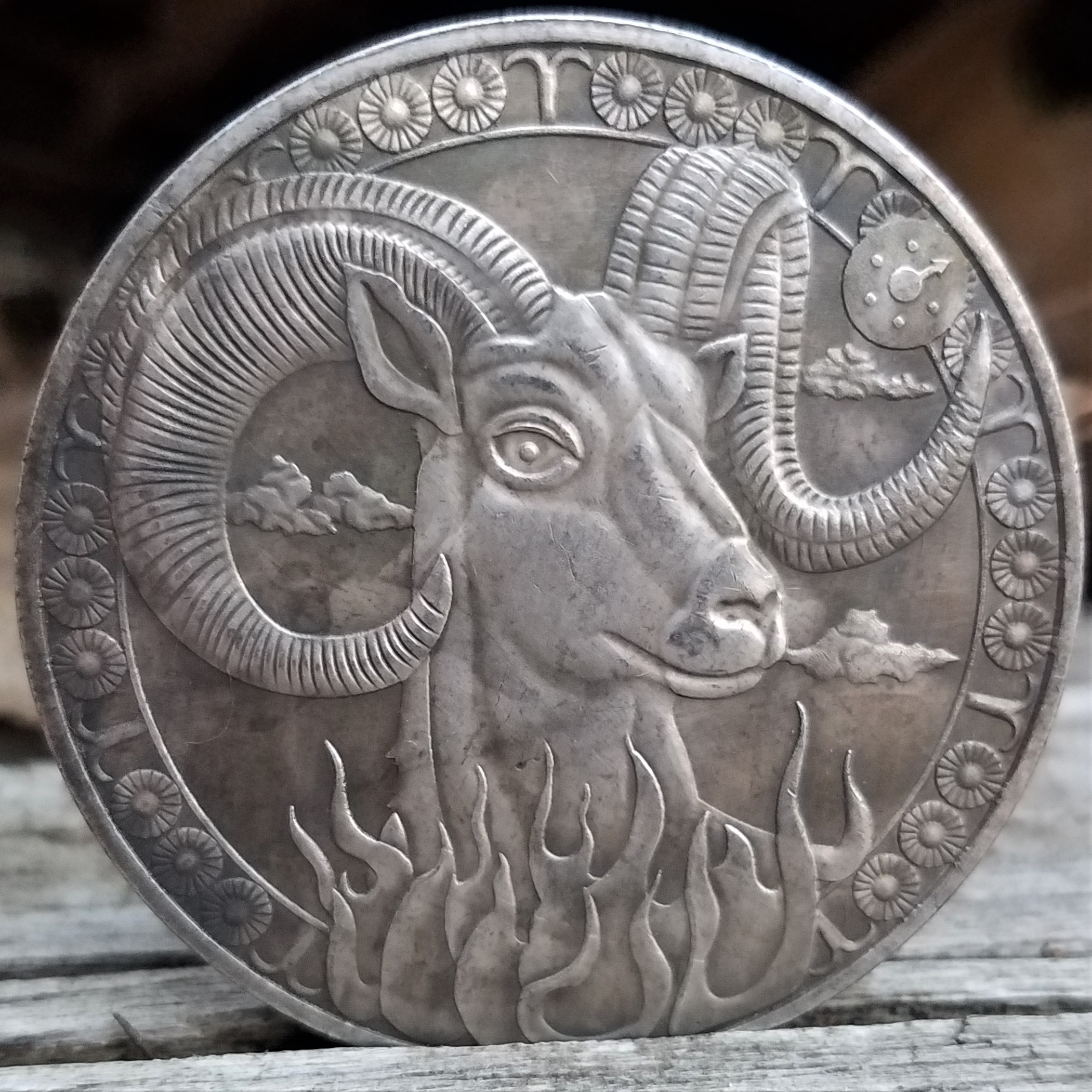 Aries Zodiac Coin | Hand Patina Silver Medallion for Astrology 1.50" & Display Stand