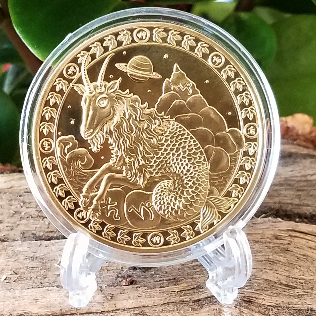 Capricorn Zodiac Coin | Gold Plated Medallion for Astrology 1.57" & Display Stand