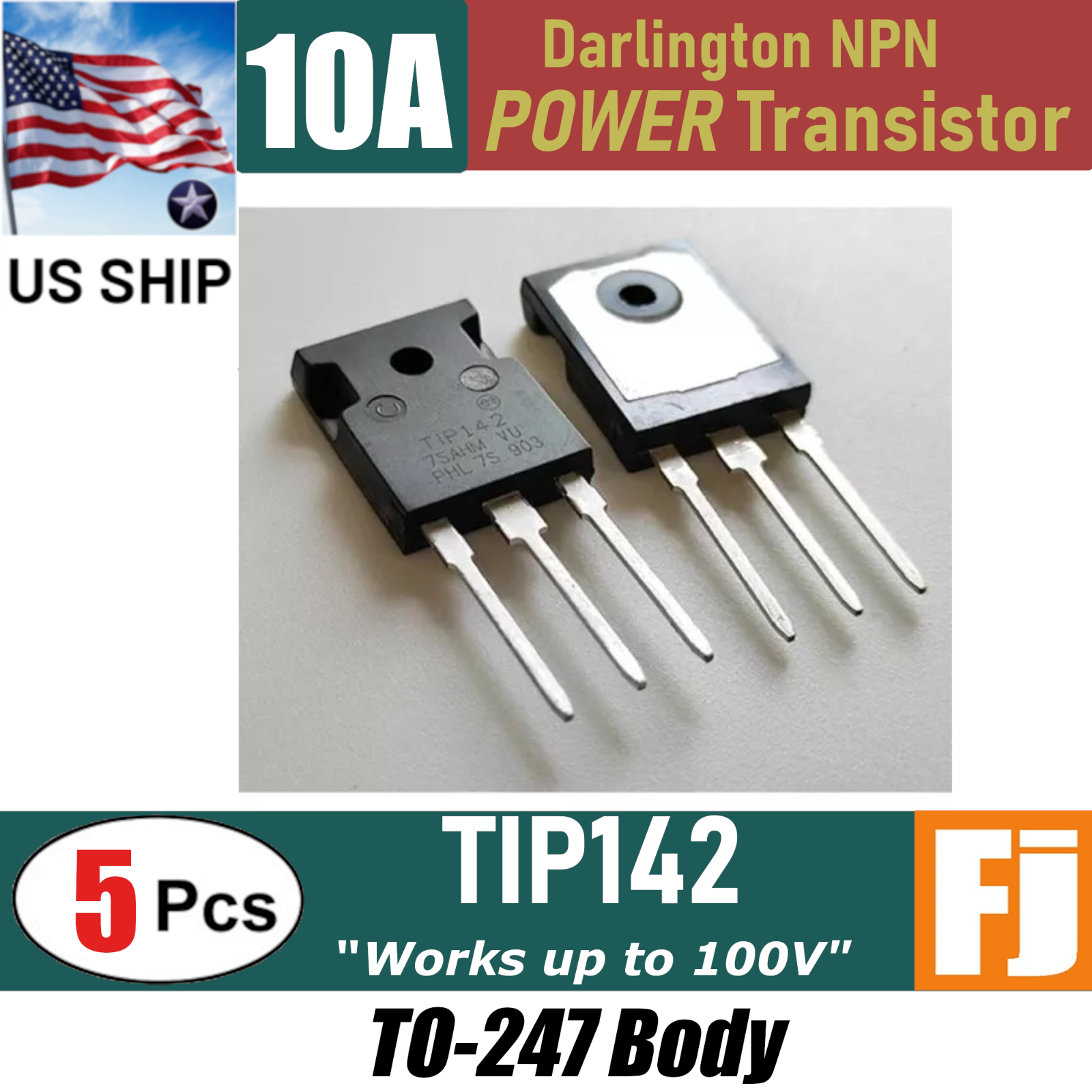 5 Pcs TIP142 Power Transistor NPN Bipolar Darlington 100V 10A TO-247 USA
