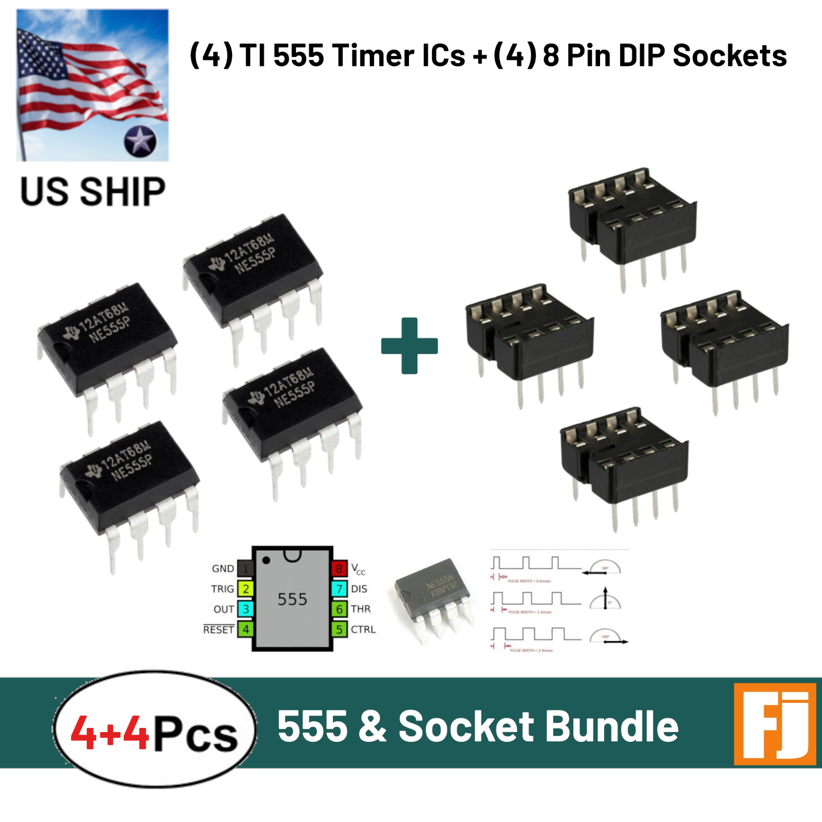 4 Pcs NE555 Timer IC 555 Chip & 4 Pcs DIP-8 Sockets | Bundle | US Ship