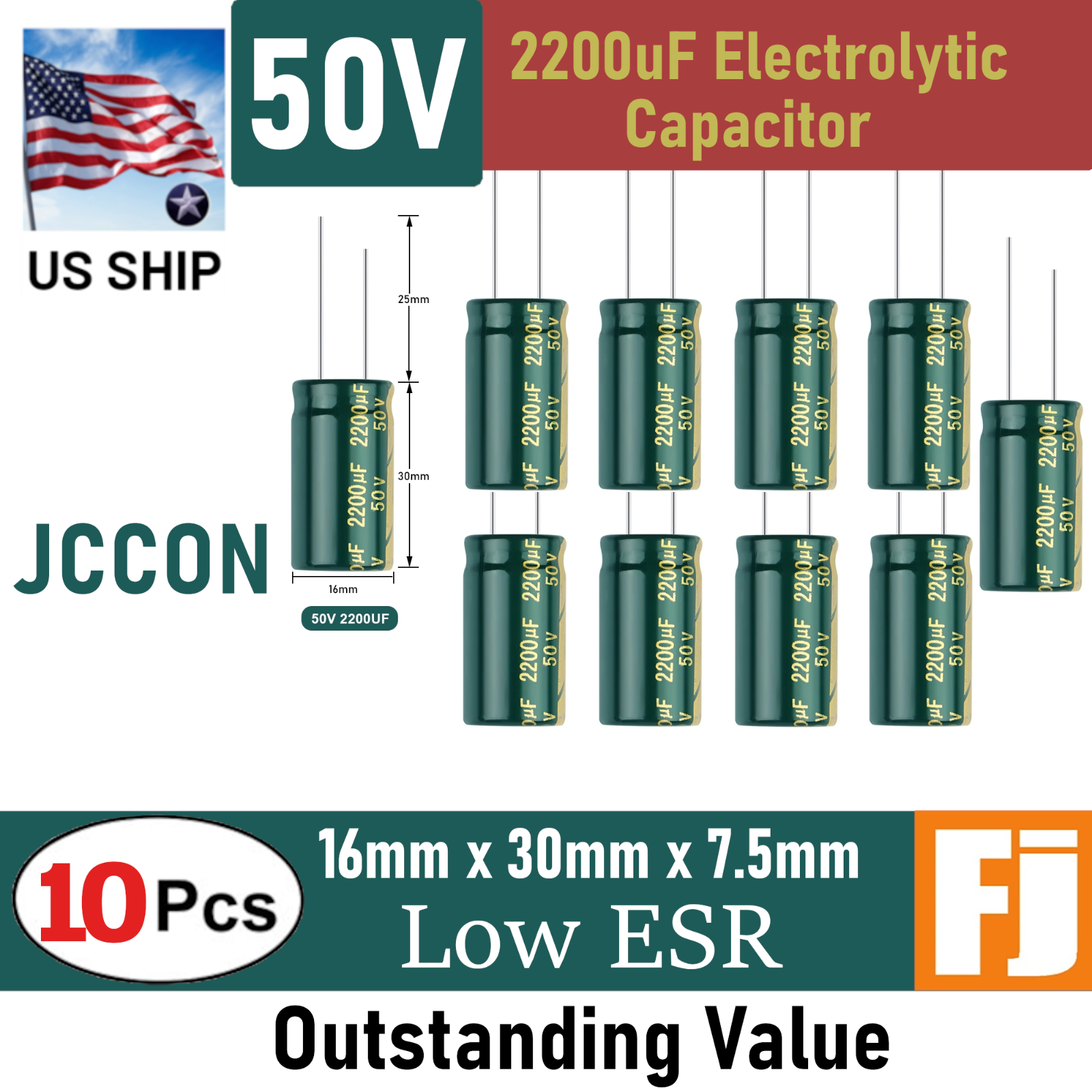 10 Pcs 50V 2200uF | 16x30mm | JCCON Low ESR Electrolytic Capacitor | US Ship