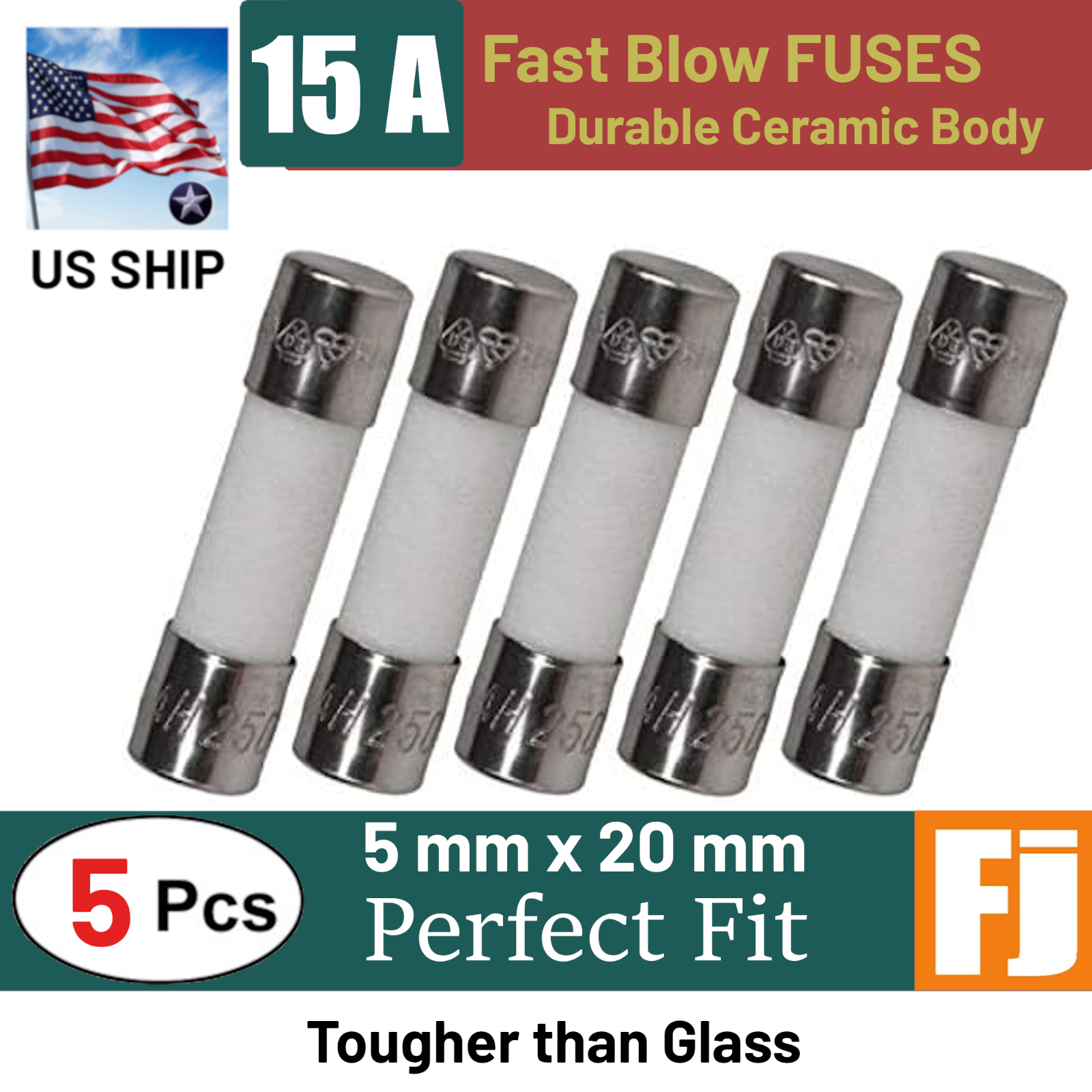 5 Pcs Fast-Blow Ceramic Fuse 15A 250V Durable 5 x 20 mm (15 Amp) | US Ship
