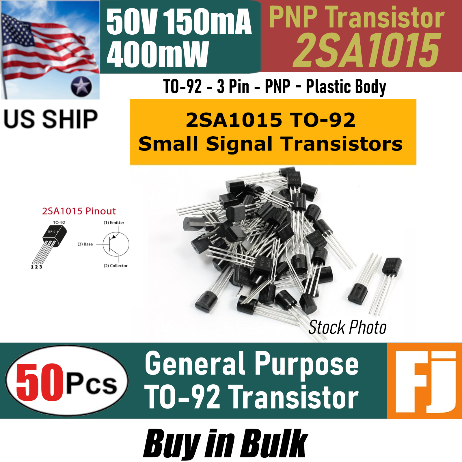 50pcs 2SA1015 A1015 PNP Transistor TO-92 50V 150mA | US Ship
