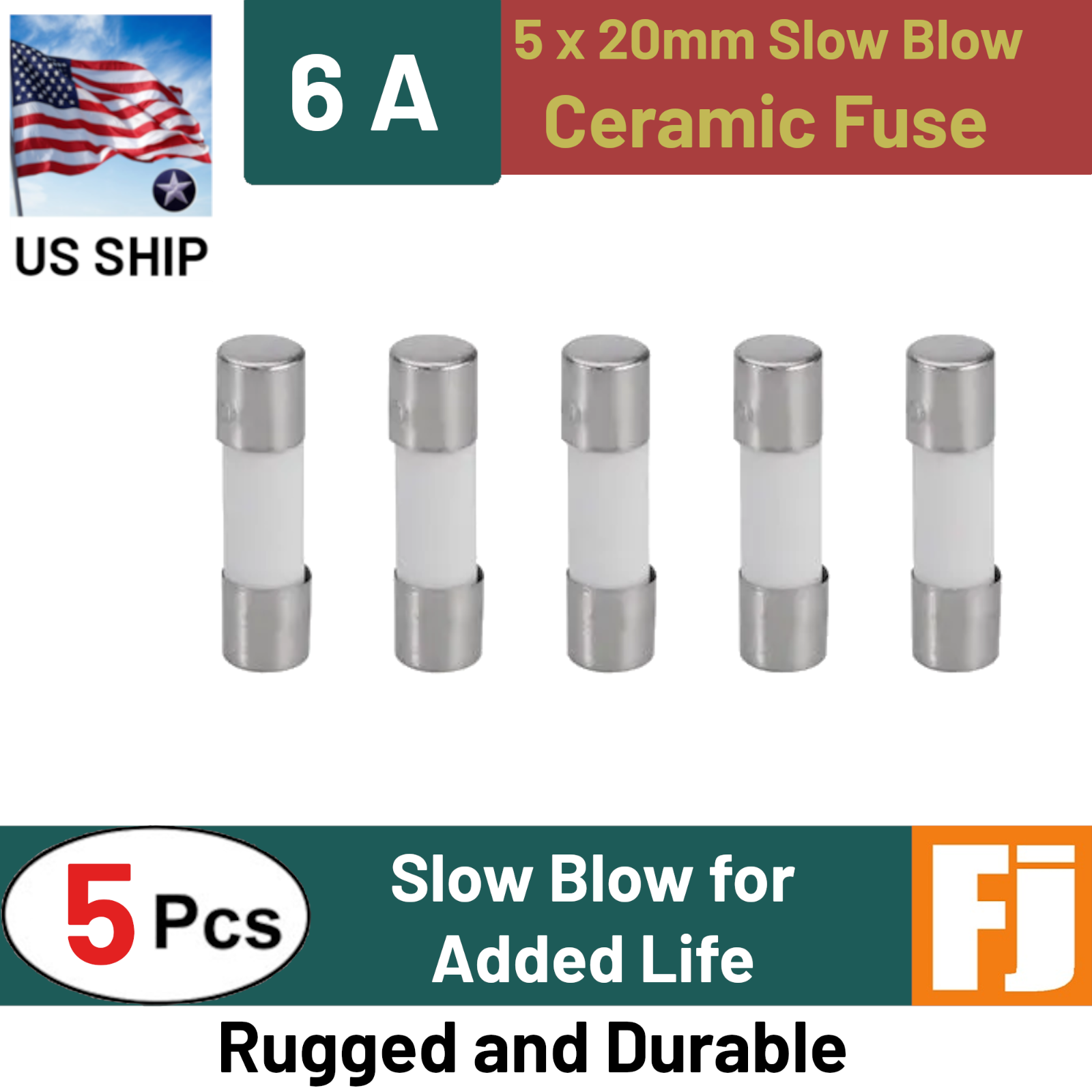 5 Pcs Slow-Blow Fuse 6A 250V Ceramic Fuses 5 x 20 mm (6 amp) | US Ship