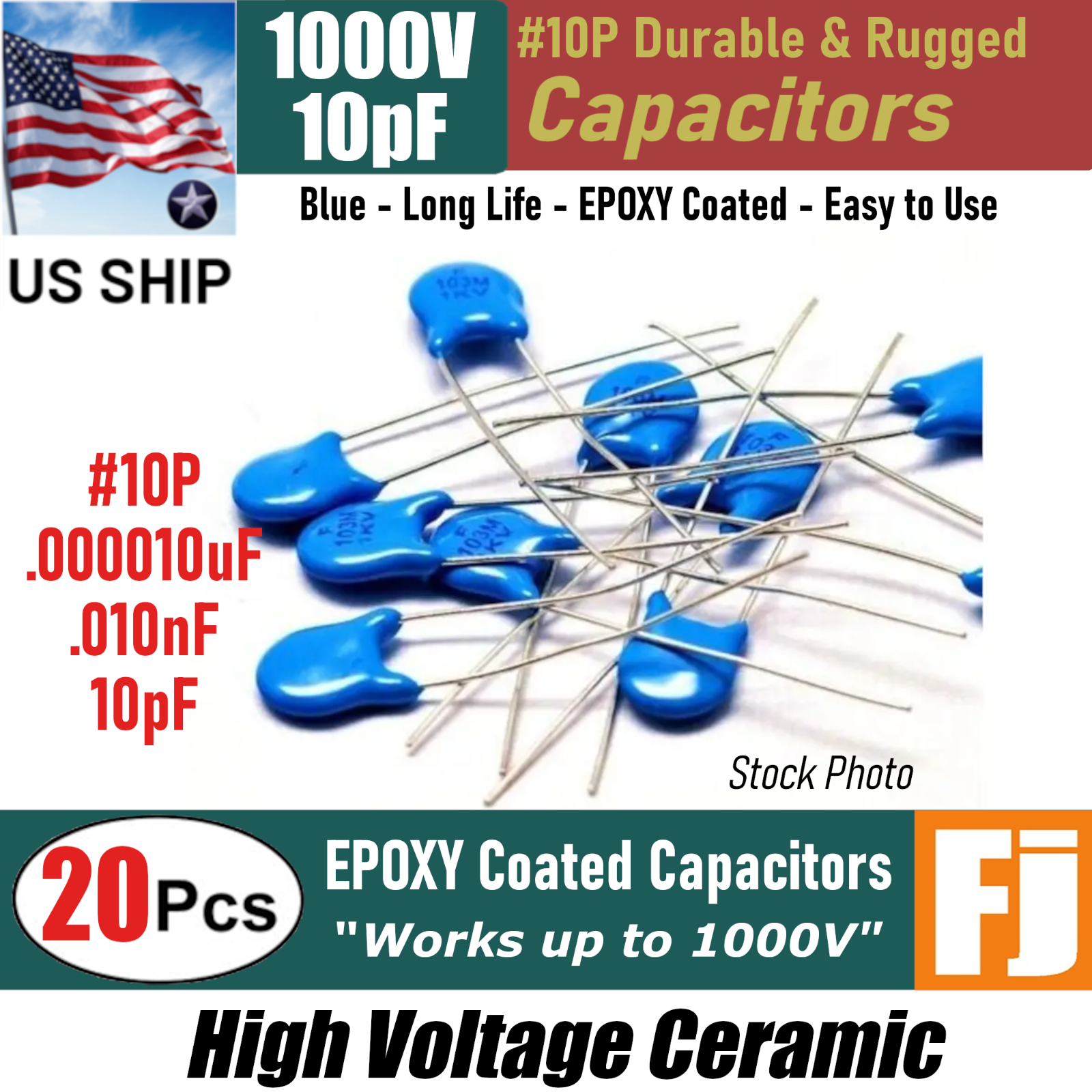 20 Pcs | 10P 10pF .000010uF .010nF 1KV High Voltage Ceramic Capacitor | US SHIP