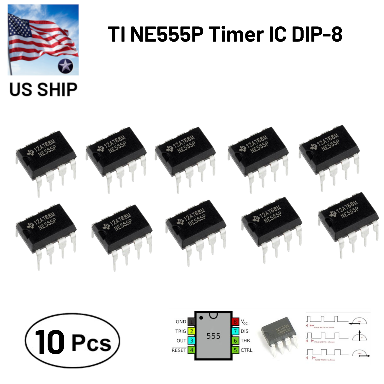 10 Pcs NE555 DIP-8 High Precision Oscillator Timer Pulse IC 555 Chip | US Ship