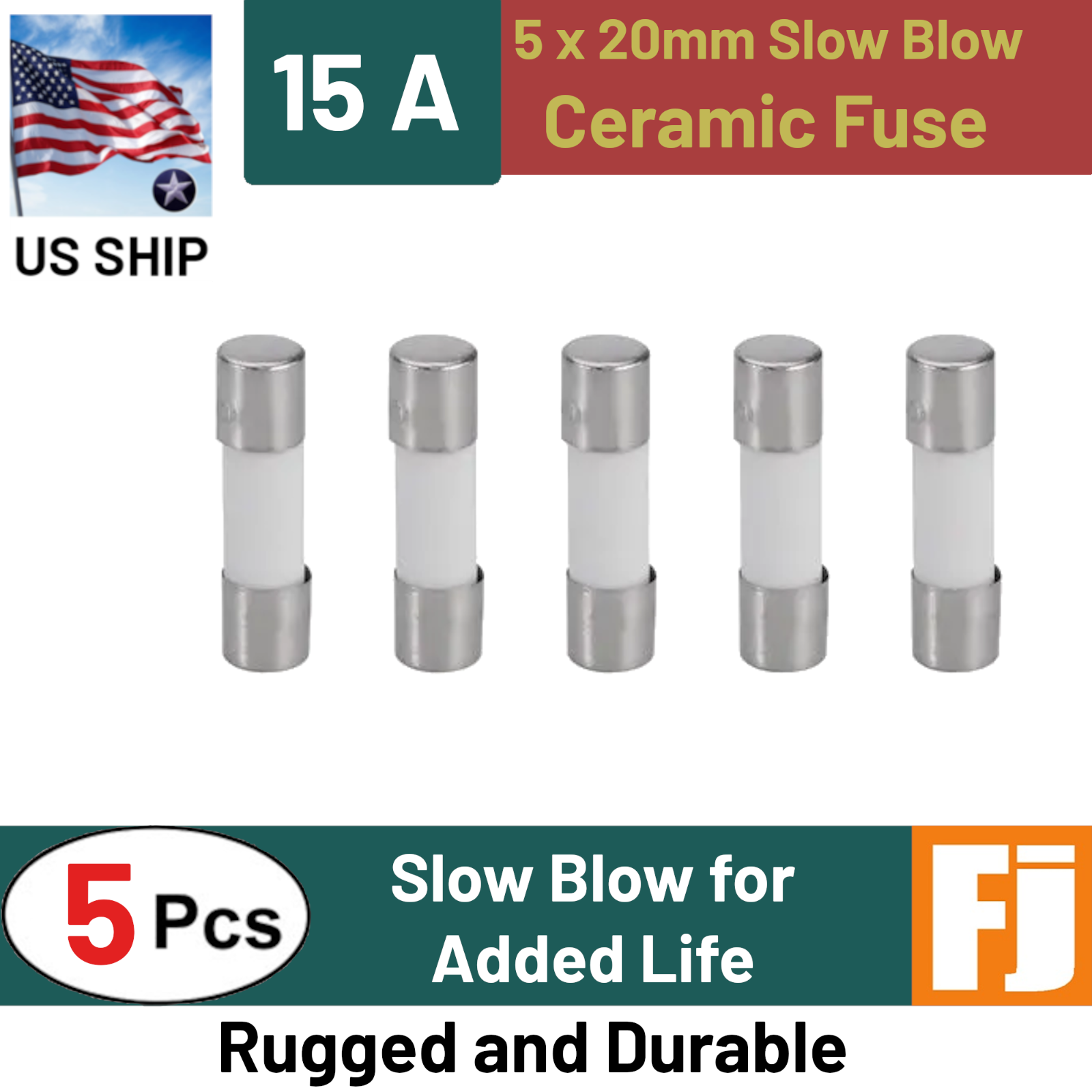 5 Pcs Slow-Blow Fuse 15A 250V Ceramic Fuses 5 x 20 mm (15 amp) | US Ship