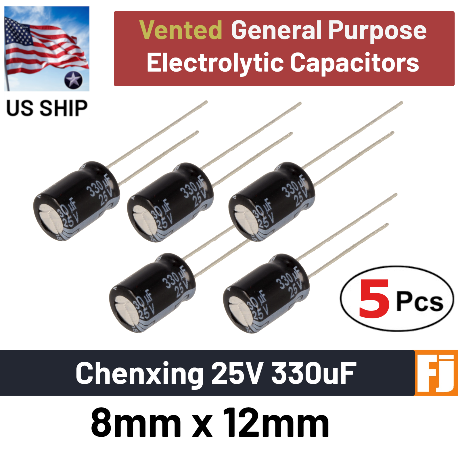 5 Pcs 25V 330uF Chenxing Vented 8*12mm Black Electrolytic Capacitor | US Ship