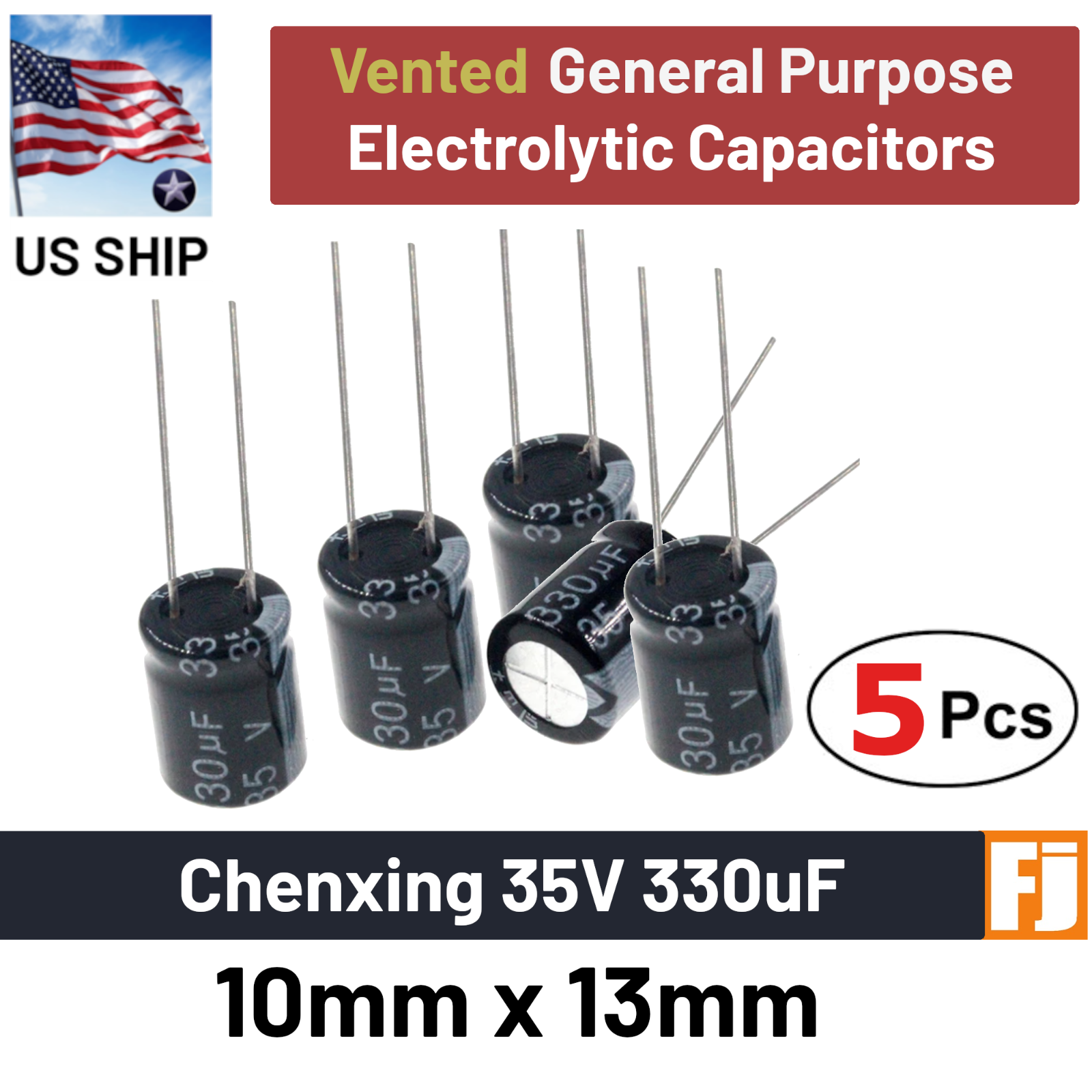 5 Pcs 35V 330uF Chenxing Vented 10*13mm Black Electrolytic Capacitor | US Ship
