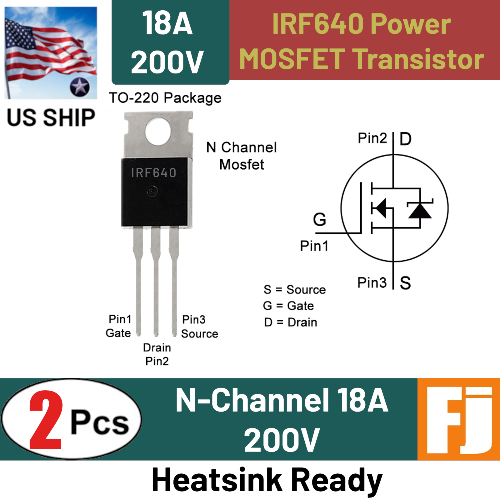 2 Pcs IRF640 IRF640N "IR" Power MOSFET N 18A 200V Transistor TO-220 | US Ship