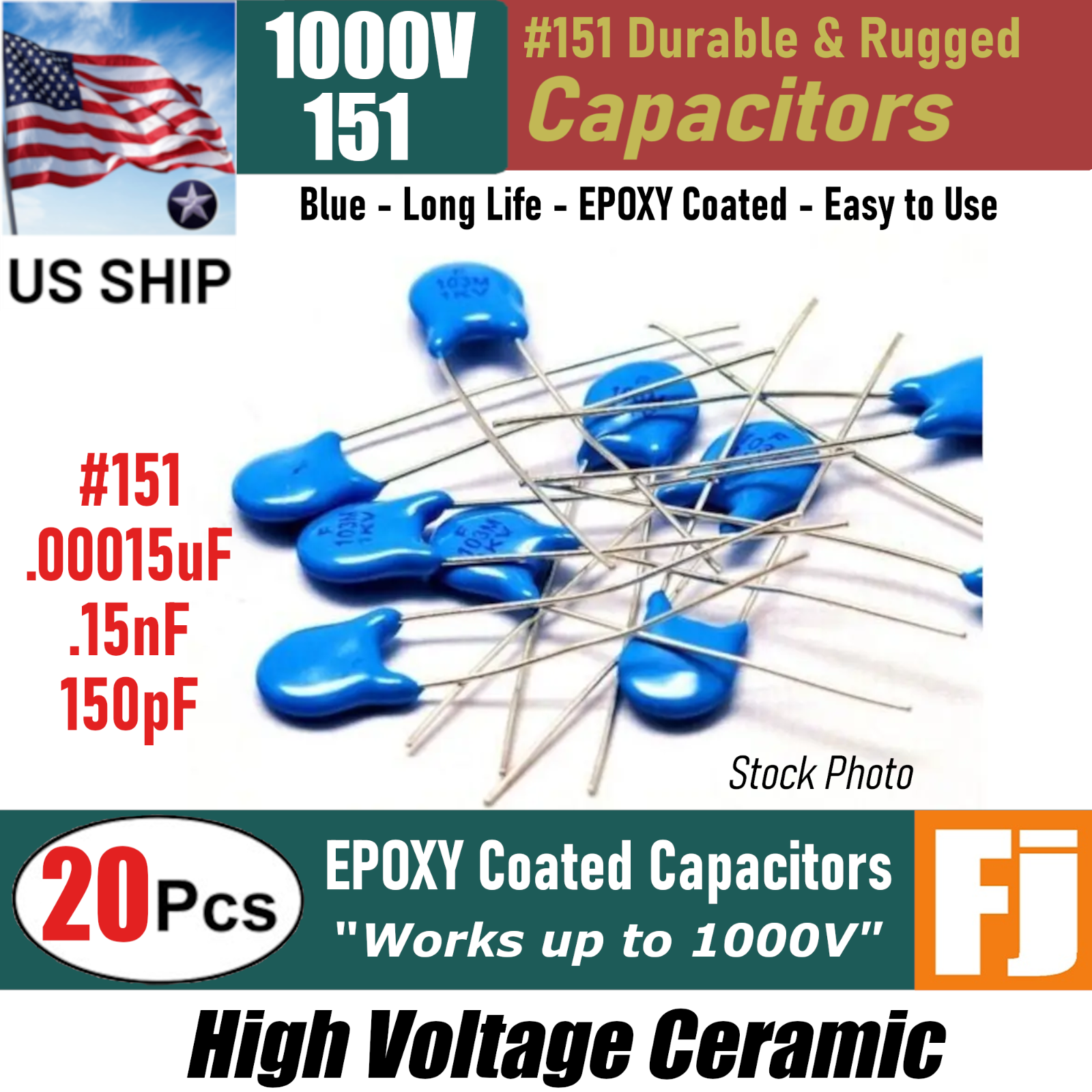 20 Pcs | 151 150pF .00015uF .15nF 1KV High Voltage Ceramic Capacitor | US SHIP