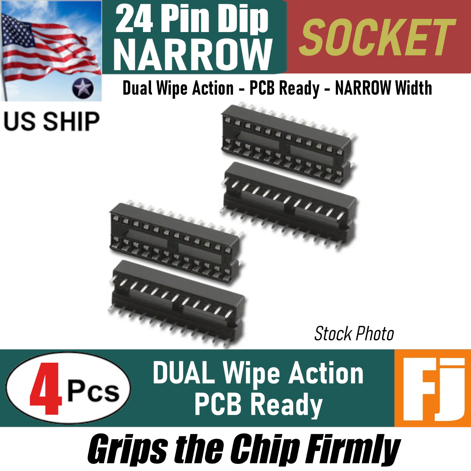 4 Pcs 24 Pin Narrow DIP IC Socket Adaptor Solder PCB-Mount | Dual Wipe | US Ship
