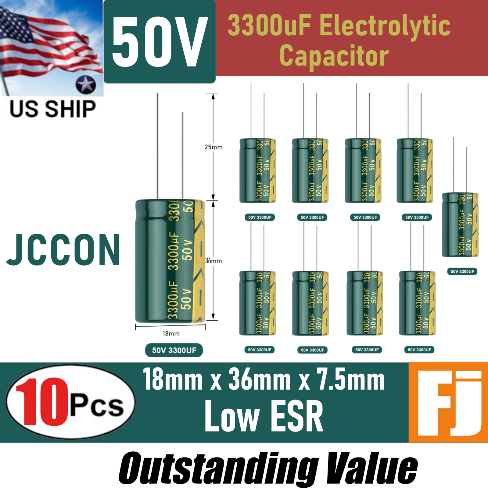 10 Pcs 50V 3300uF | 18x36mm | JCCON Low ESR Electrolytic Capacitor | US Ship